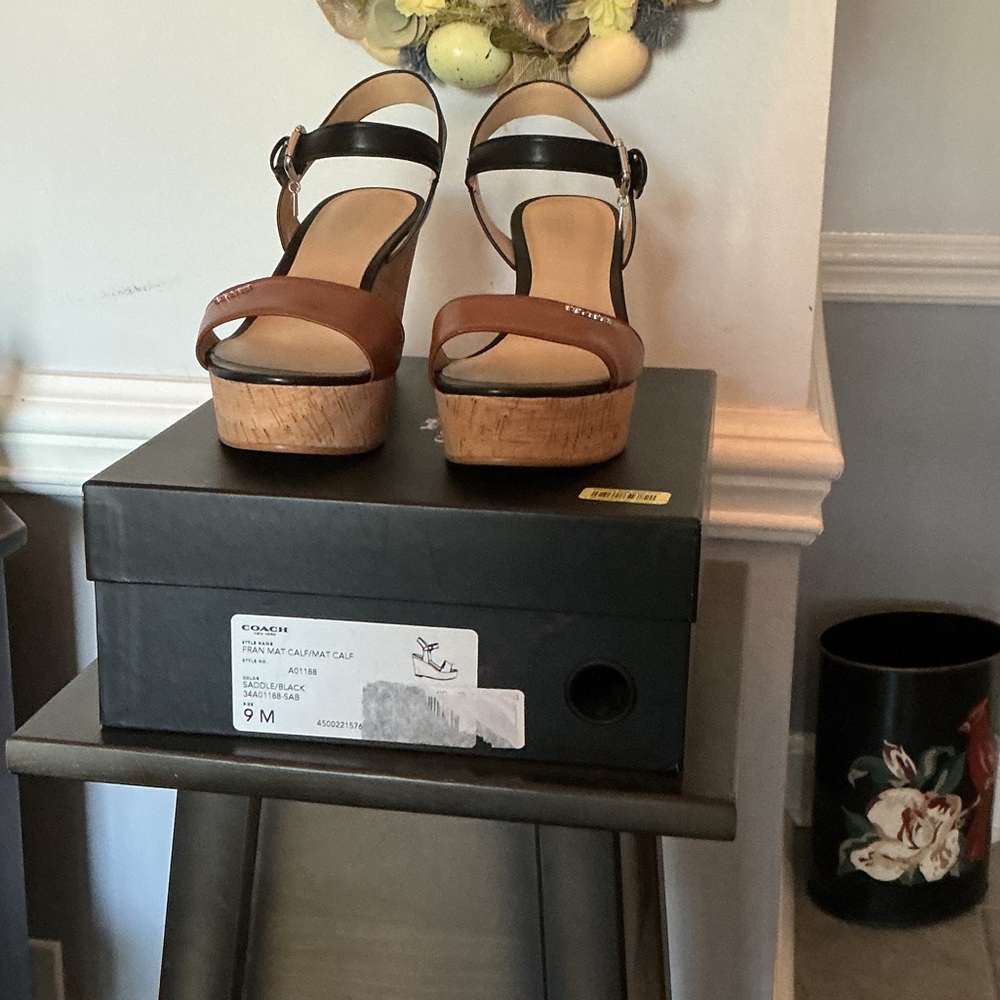Coach Brown and Black Leather Platform Sandals